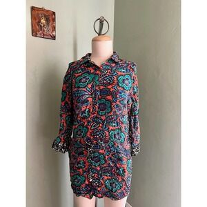 Rachel Roy Dress Womens Long Sleeve Shirt Black Multi Tunic Paisley Low Waist XS